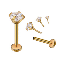 Nickel Free Surgical Steel Gold Plated Flat Back Push Threadless Prong Setting CZ Nose Studs Ear Helix Piercing